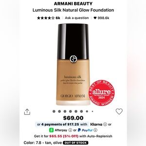 $69 Giorgio Armani Luminous Silk Foundation in Tan NEW